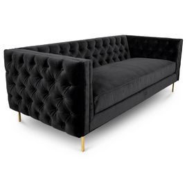 قیمت خوب Black velvet fabric button tufted 3 seat sofa with 4 golden brass metal leg for wedding,living room rental sofa آنلاین