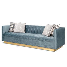 قیمت خوب Modern Living Room Blue Velvet Fabric Sofa Stainless Steel Golden Brushed Manhattan Sofa With Wide Channel Tufting with آنلاین