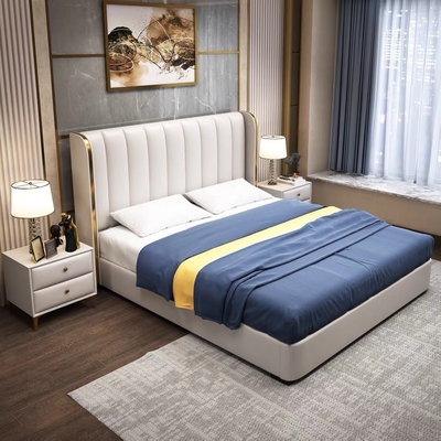قیمت خوب Light luxury leather double bed modern hotel bedroom furniture 1.8 m wedding bed آنلاین